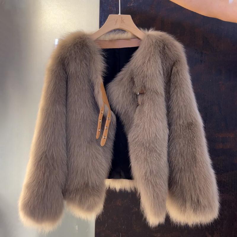 Women's Faux Fur Jacket with Buckle Detail Open Front Image
