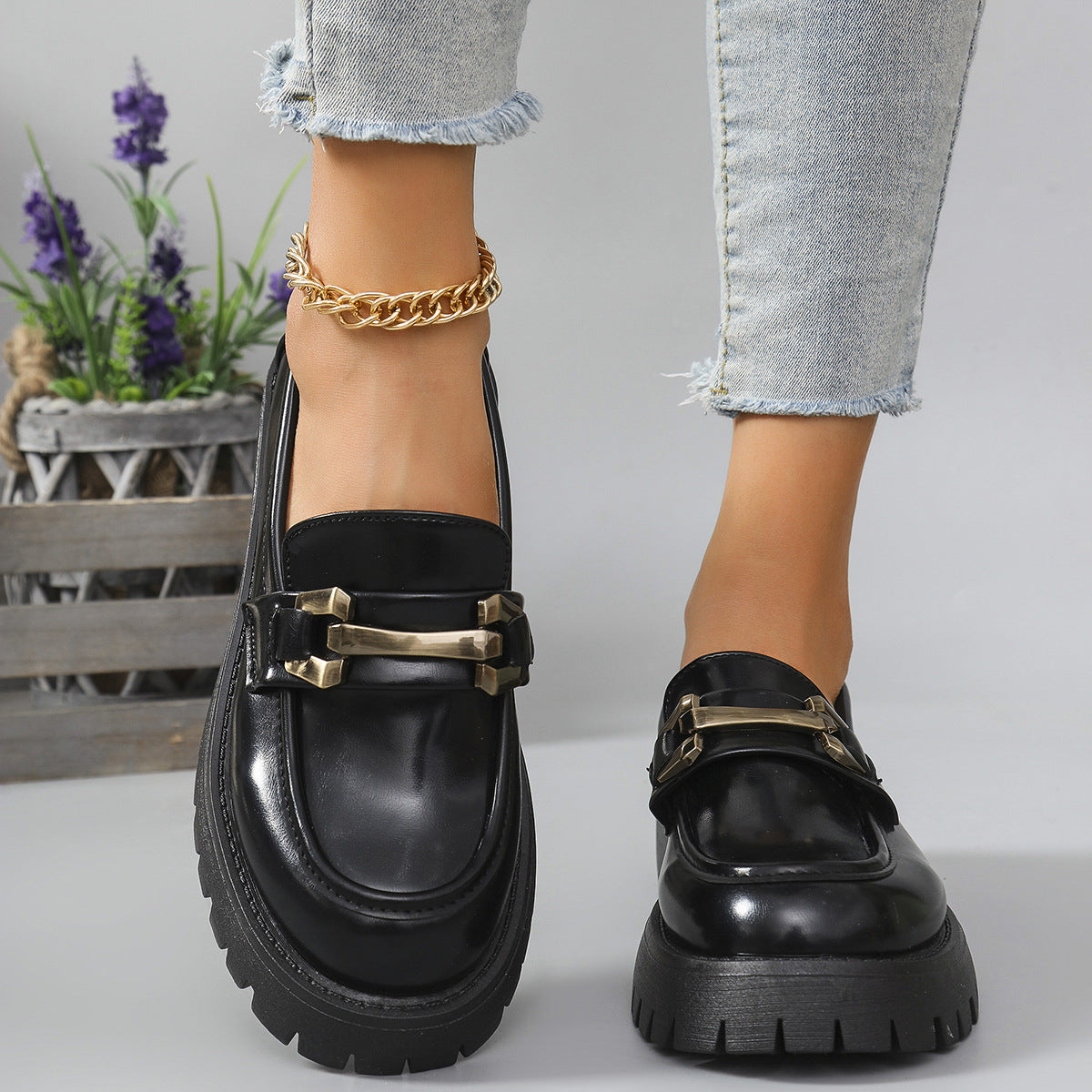 Women's Chunky Loafers with Cleated Sole and Metal Trim Image