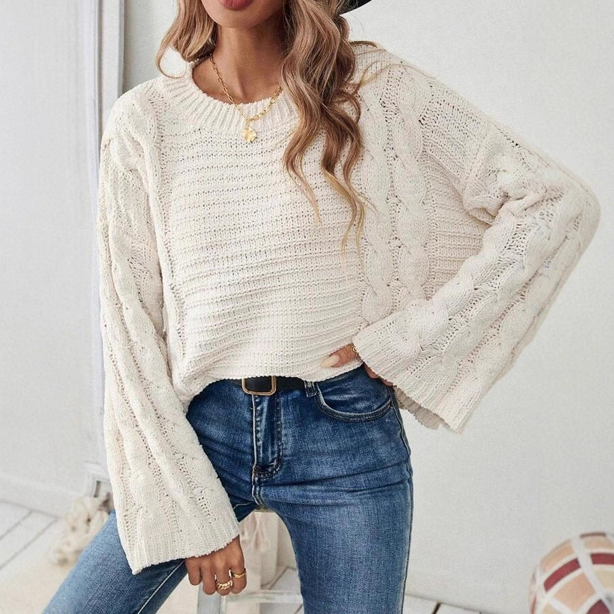 Women's Cable Knit Jumper Round Neck Wide Sleeve Image