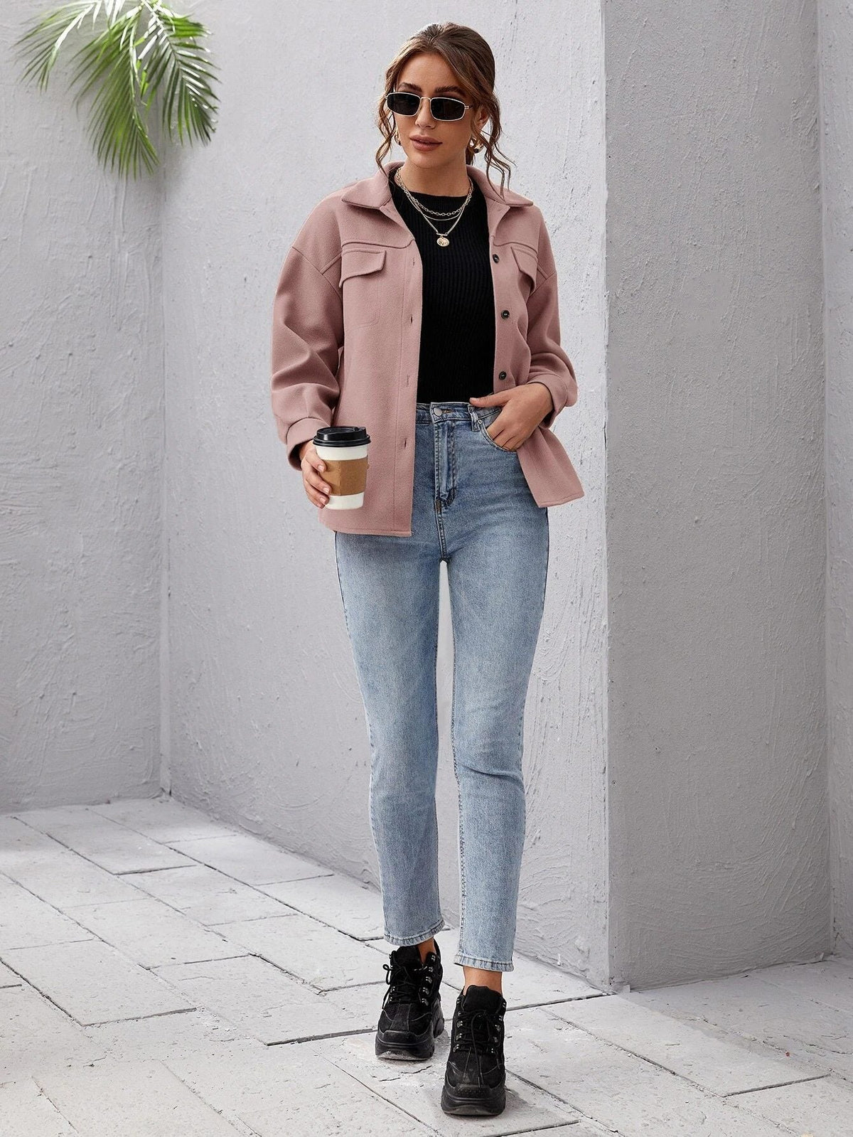 Women's Oversized Shirt Jacket with Collar and Pocket Detail