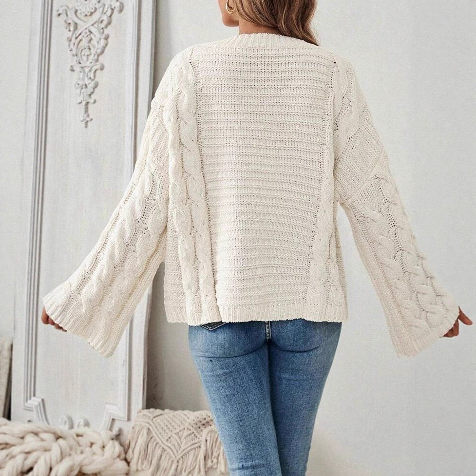 Women's Cable Knit Jumper Round Neck Wide Sleeve Image