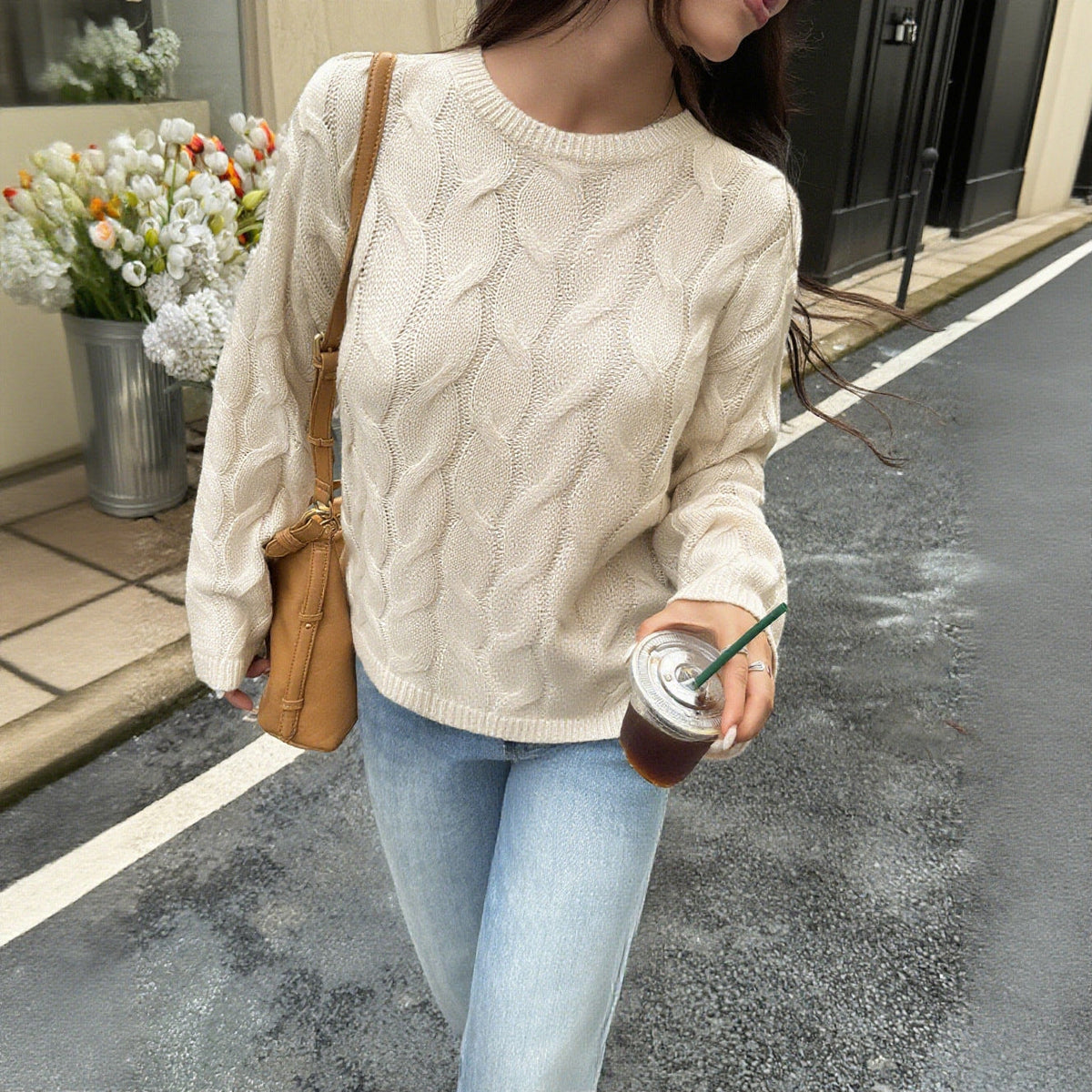 Women's Cable Knit Jumper with Crew Neck and Relaxed Fit Image