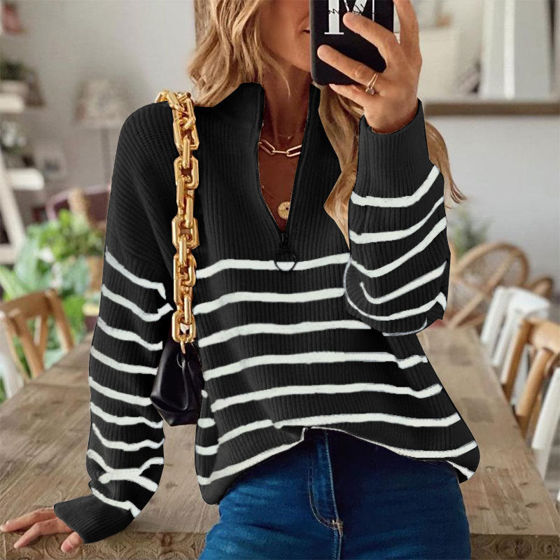 Women's Striped Ribbed Jumper with Zip Neckline Image