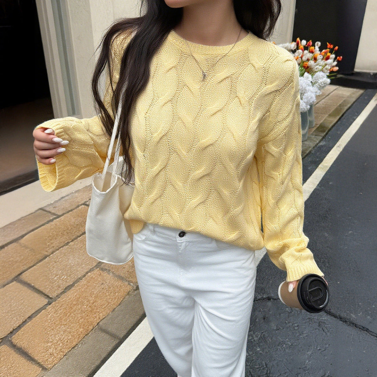 Women's Cable Knit Jumper with Crew Neck and Relaxed Fit Image