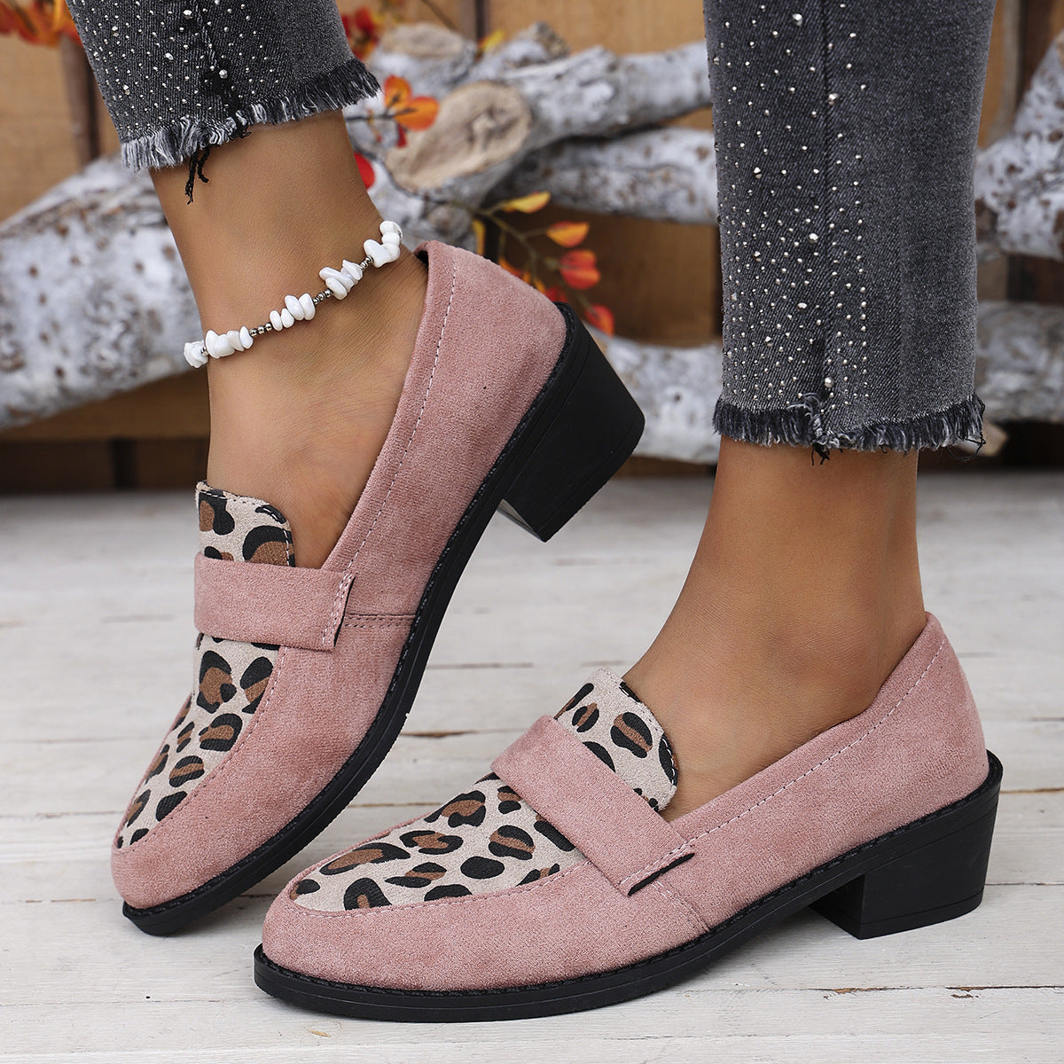 Women's Leopard Print Loafers with Block Heel Image