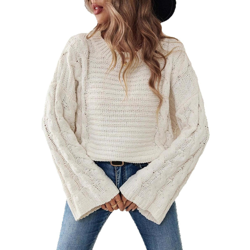 Women's Cable Knit Jumper Round Neck Wide Sleeve