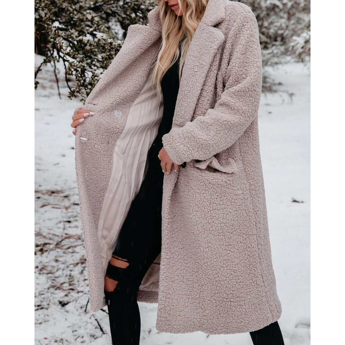 Women's Long Teddy Coat with Button Front Closure Image