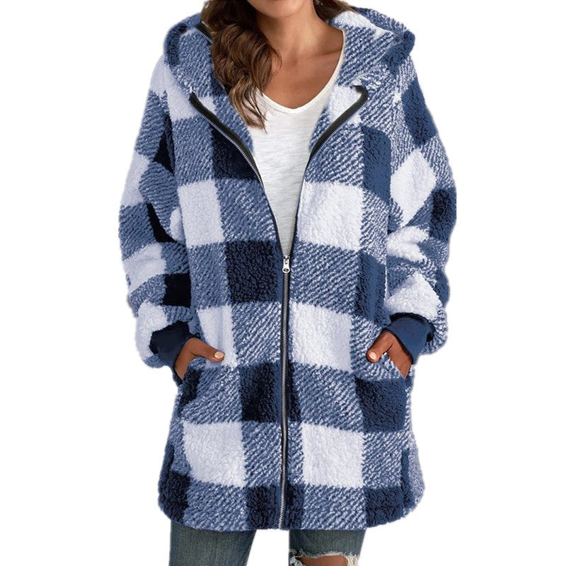 Arabella - Plaid Fleece Long Sleeve Hooded Coat Image
