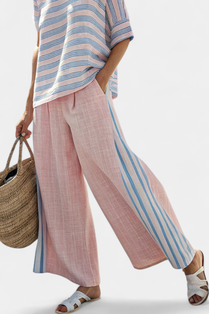 Virella | Elegant Pink-Blue Linen Blouse & Soft Trousers