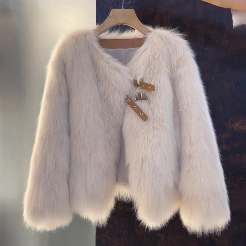 Women's Faux Fur Jacket with Buckle Detail Open Front Image