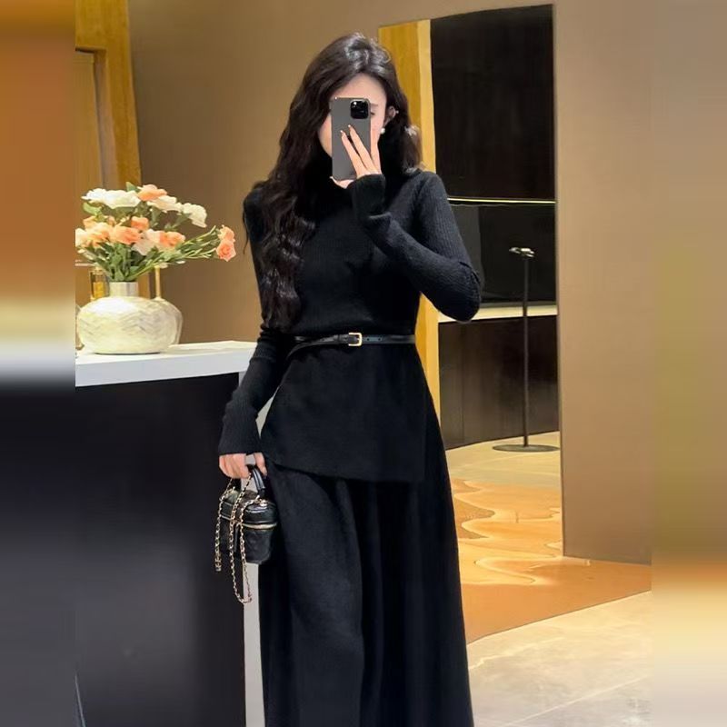 Women's Belted Asymmetric Knit Midi Dress Long Sleeve Image