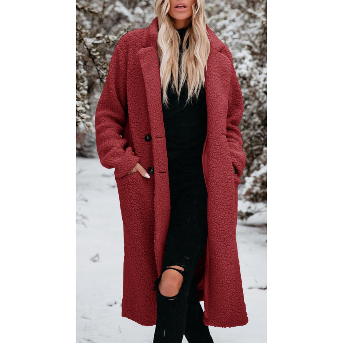 Women's Long Teddy Coat with Button Front Closure Image