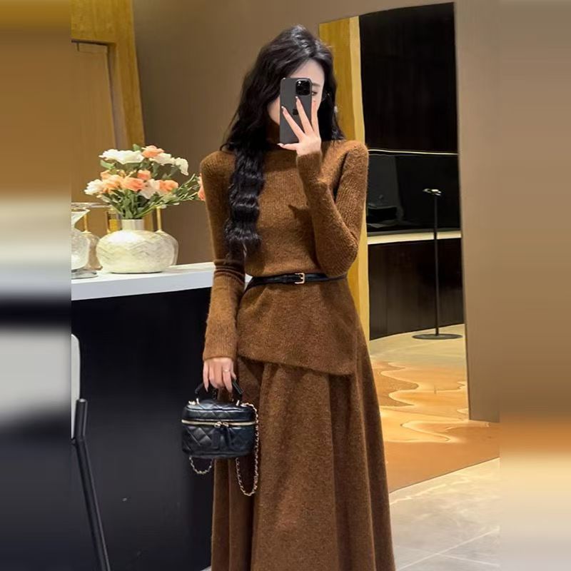 Women's Belted Asymmetric Knit Midi Dress Long Sleeve Image
