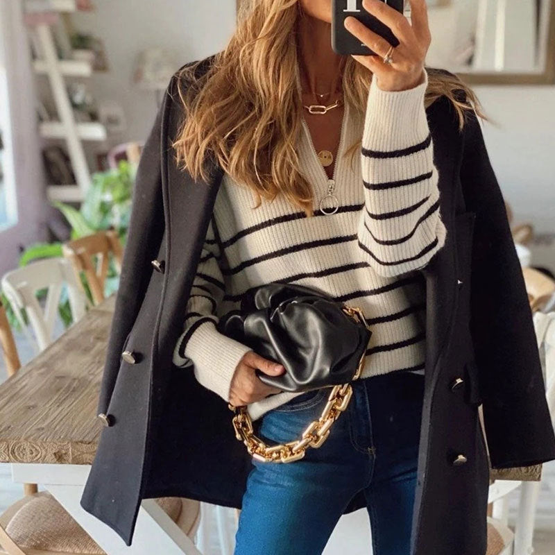 Women's Striped Ribbed Jumper with Zip Neckline Image