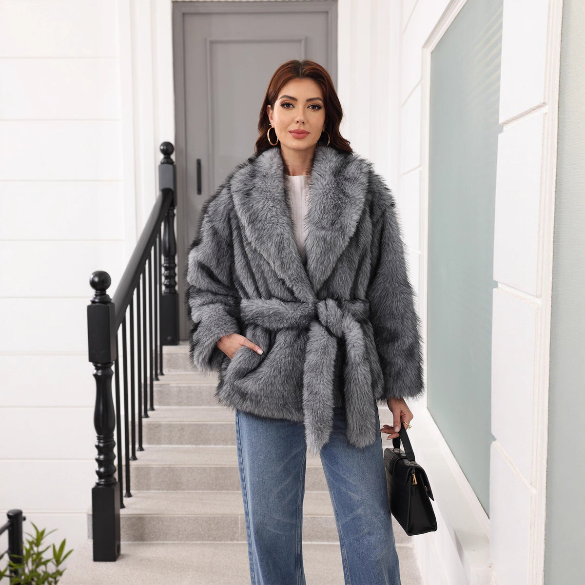 Women's Faux Fur Jacket with Shawl Collar and Tie Belt Image