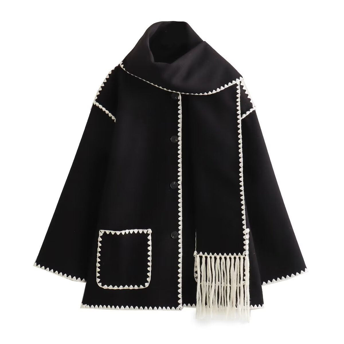 Women's Blanket Cape with Contrast Stitching and Fringe