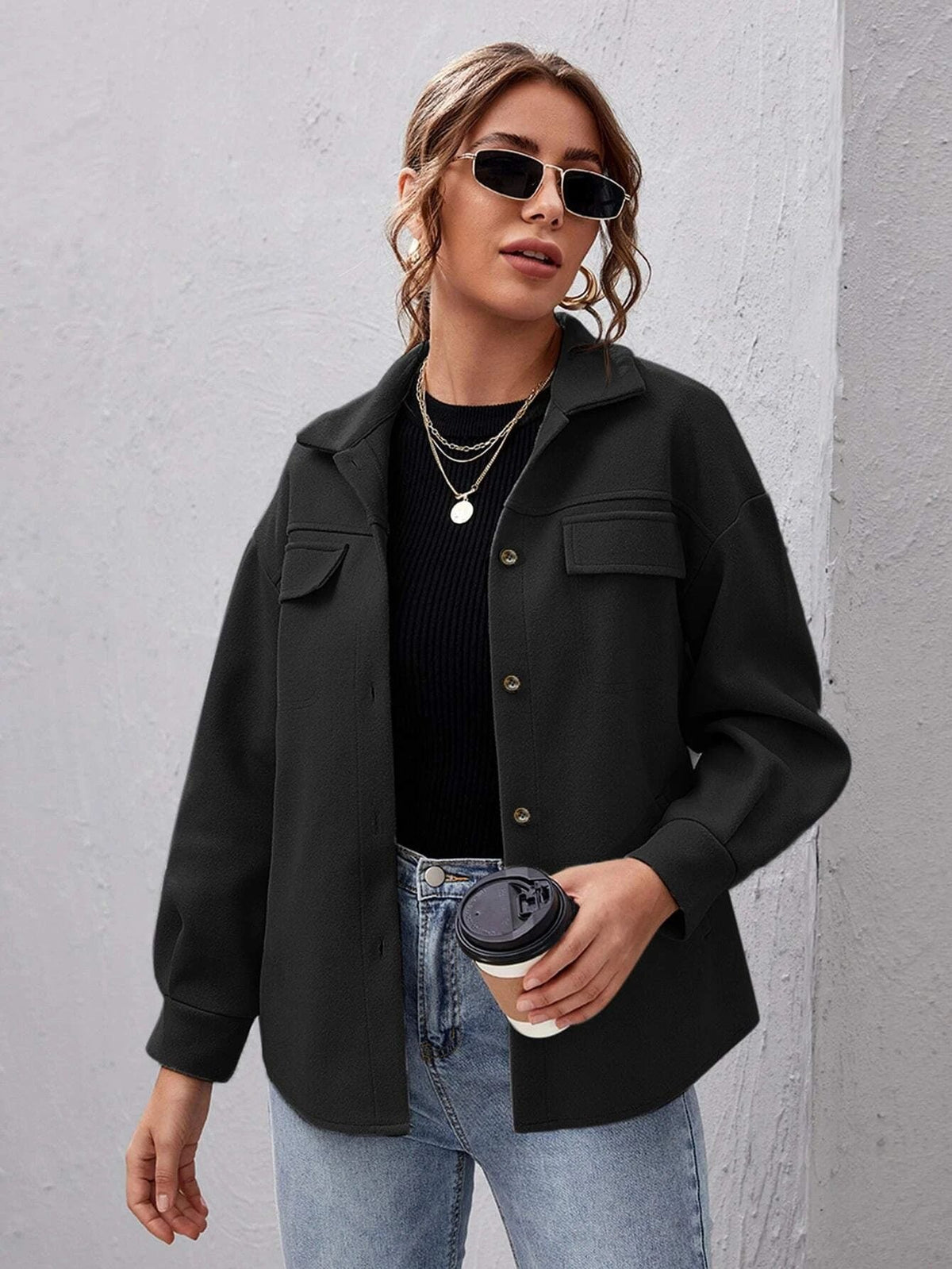 Women's Oversized Shirt Jacket with Collar and Pocket Detail