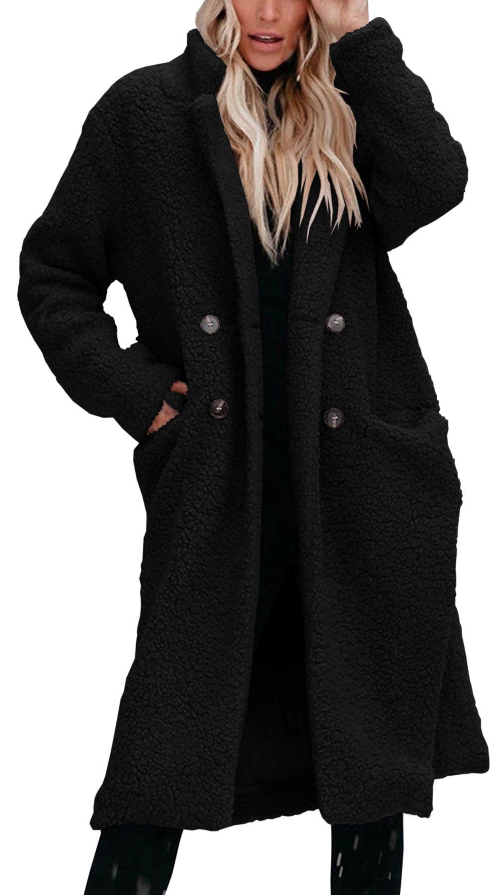 Women's Long Teddy Coat with Button Front Closure Image