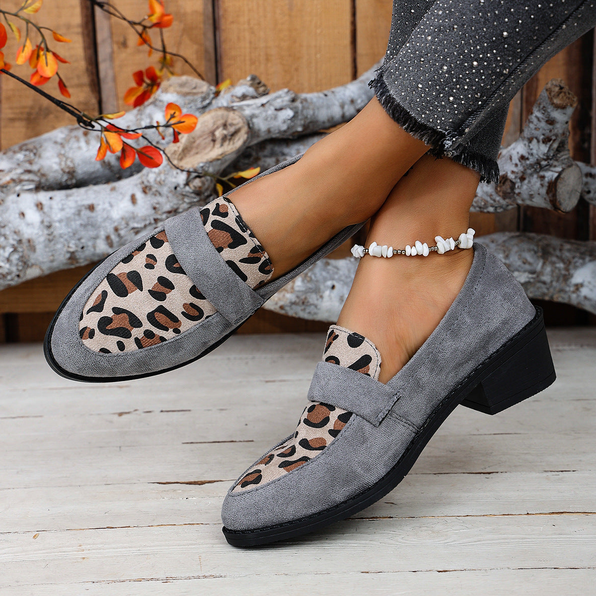 Women's Leopard Print Loafers with Block Heel