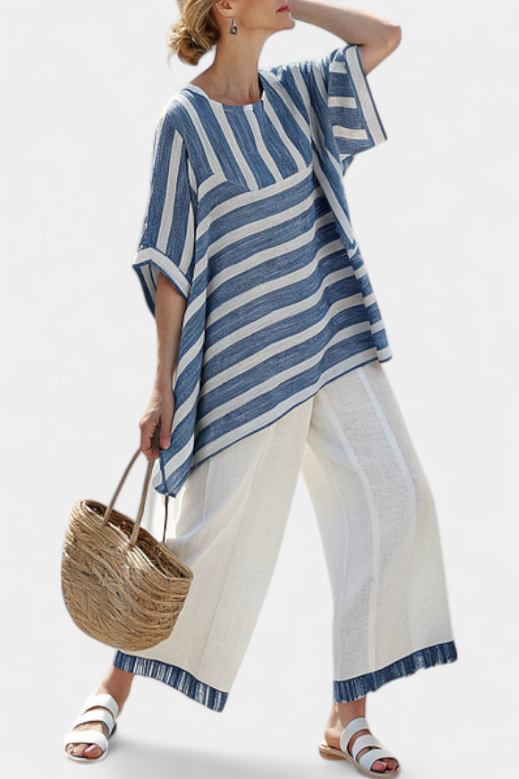 Corvielle | Sophisticated Blue Striped Top & Hem-Detailed Trousers