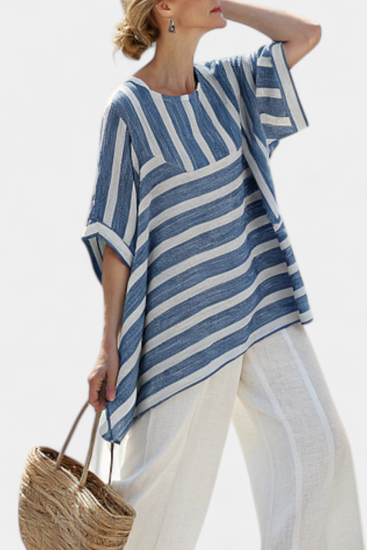 Corvielle | Sophisticated Blue Striped Top & Hem-Detailed Trousers Image