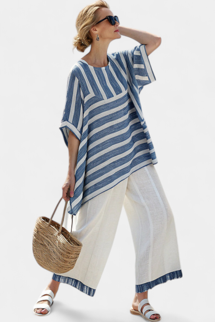 Corvielle | Sophisticated Blue Striped Top & Hem-Detailed Trousers Image