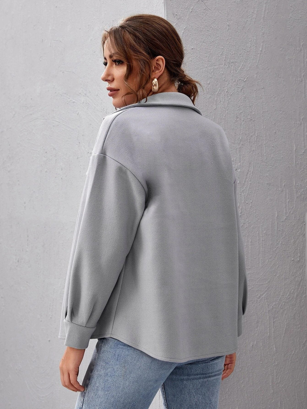 Women's Oversized Shirt Jacket with Collar and Pocket Detail Image