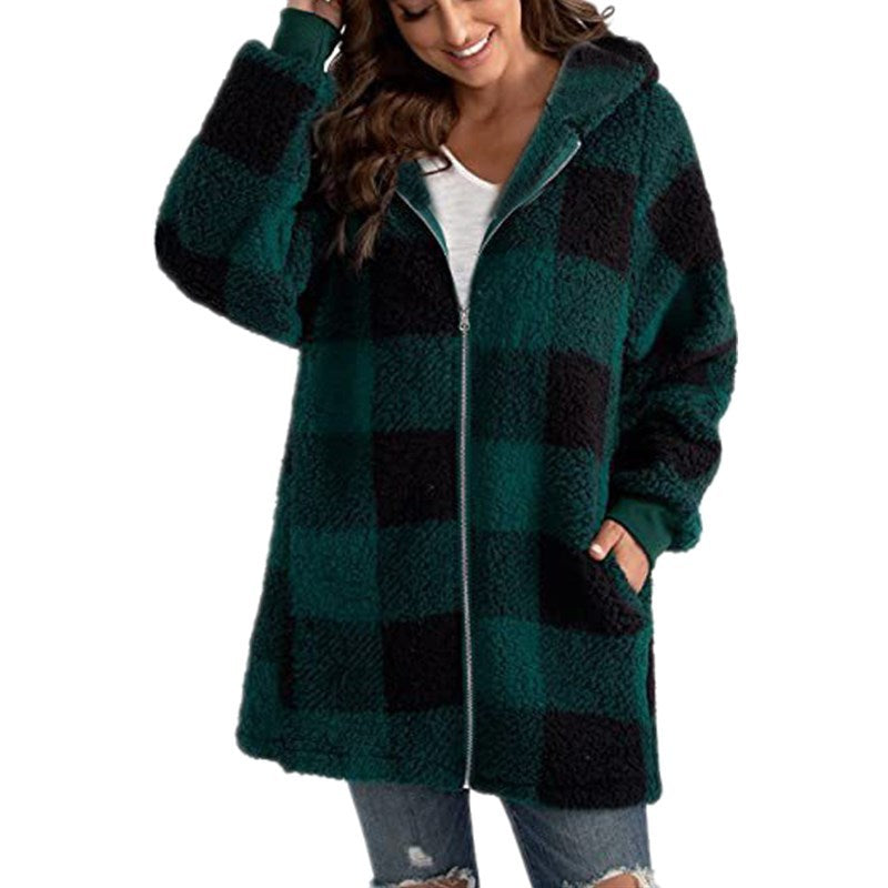 Arabella - Plaid Fleece Long Sleeve Hooded Coat Image
