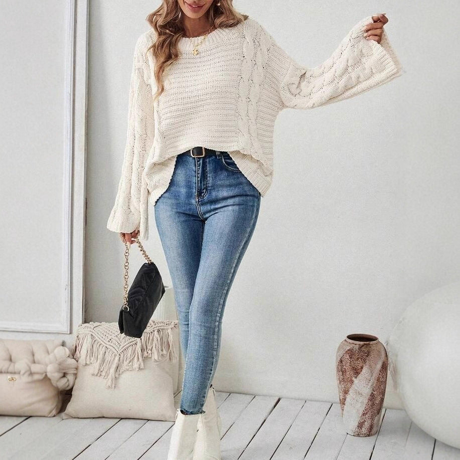 Women's Cable Knit Jumper Round Neck Wide Sleeve