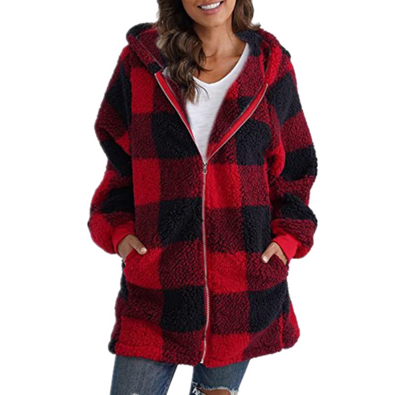 Arabella - Plaid Fleece Long Sleeve Hooded Coat Image