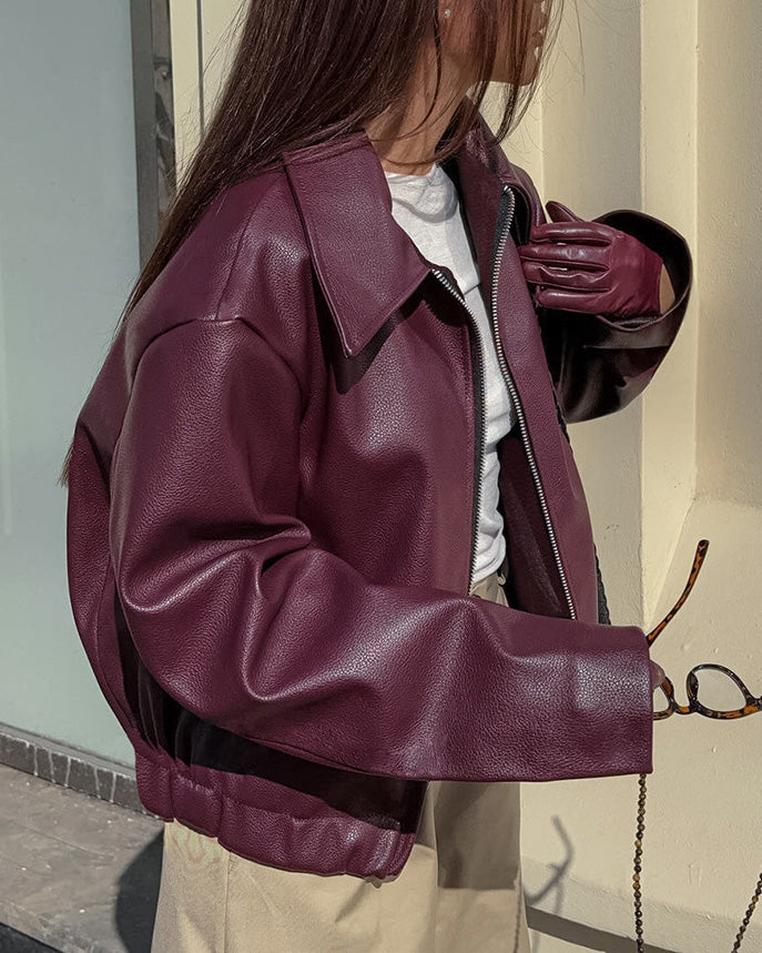Women's Cropped Matte Biker Jacket with Front Zip Image