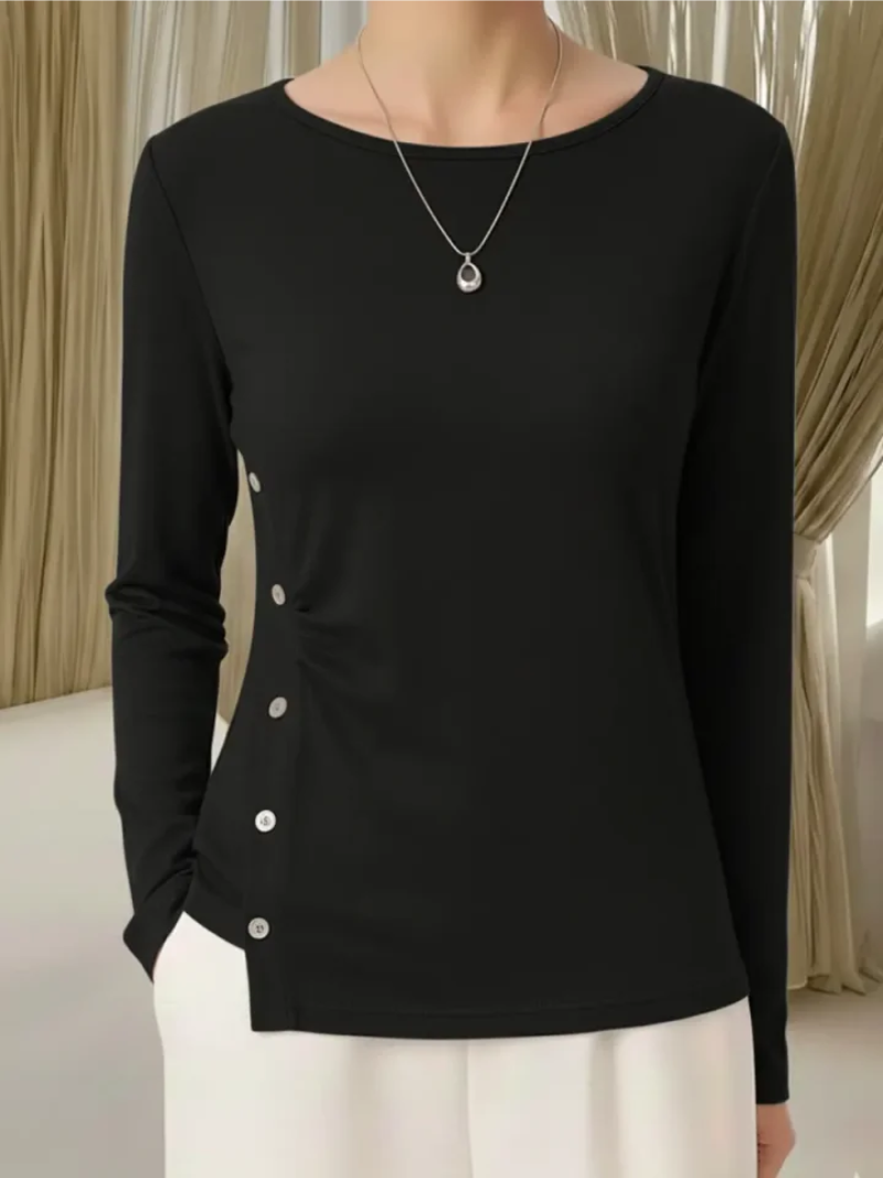 Women's Button-Detail Knit Top with Round Neck Image