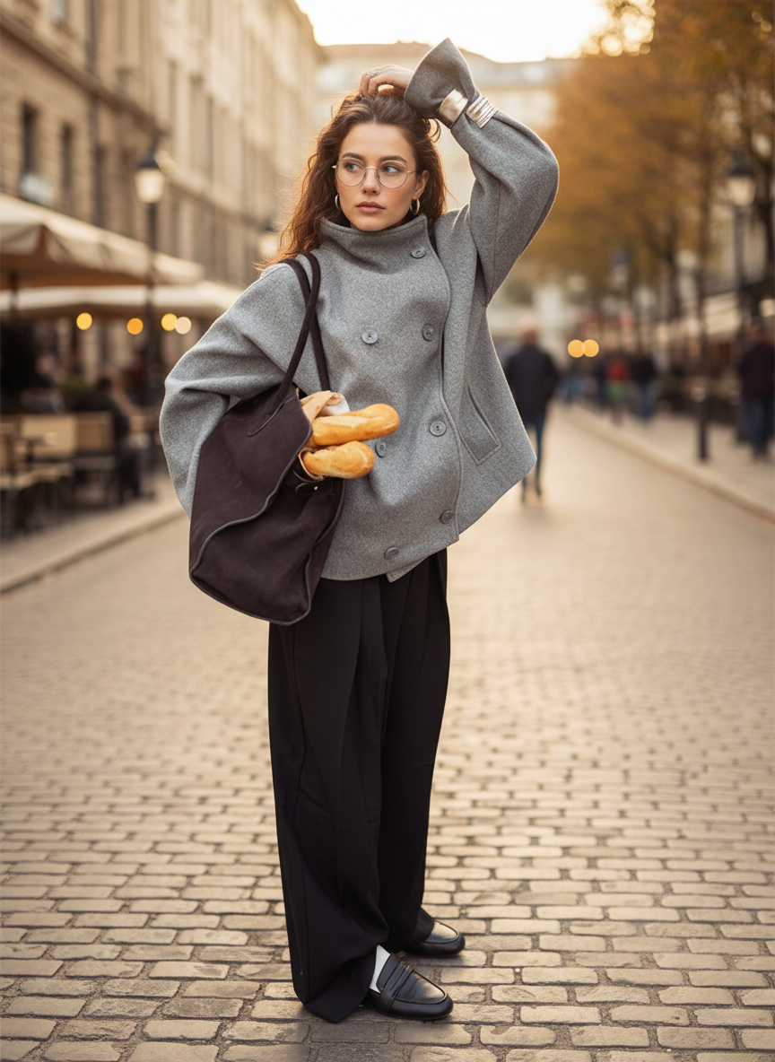 Women's Oversized Double-Breasted Jacket Stand Collar Image