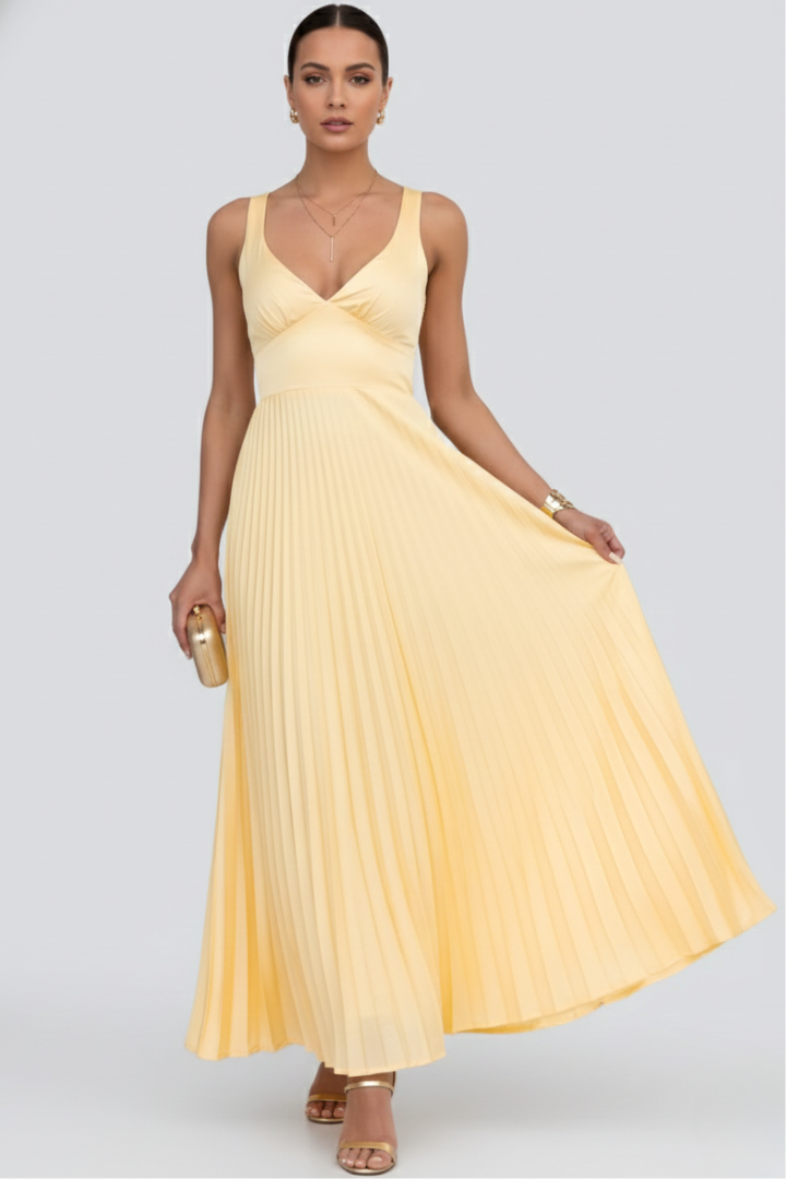 Fiona | Women’s V-Neck Pleated Skirt Maxi Dress Image