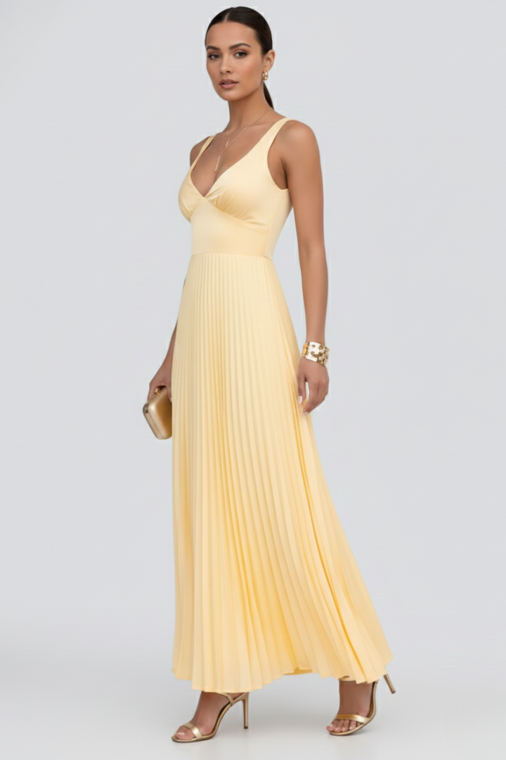 Fiona | Women’s V-Neck Pleated Skirt Maxi Dress Image
