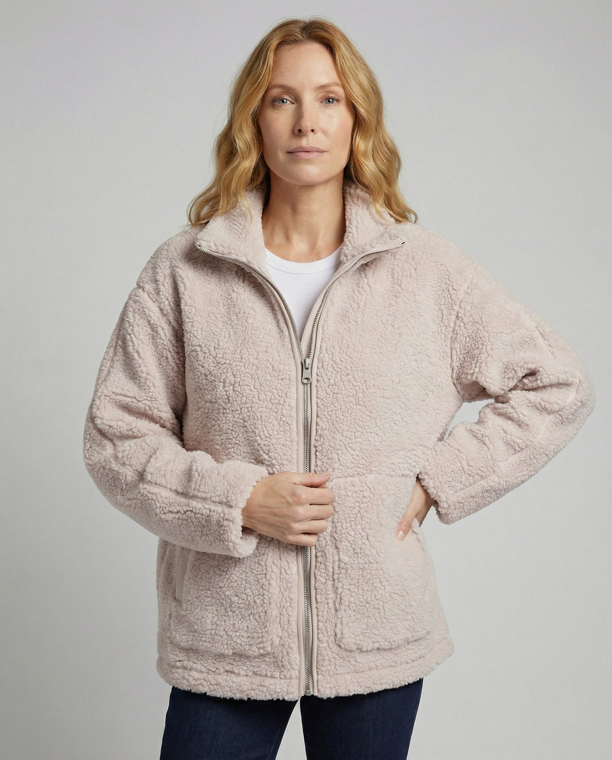 Women's Teddy Zip-Up Jacket with High Collar Regular Fit Image