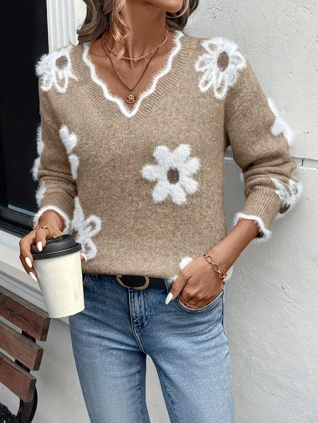 Women's V-Neck Jumper with Floral Intarsia Design