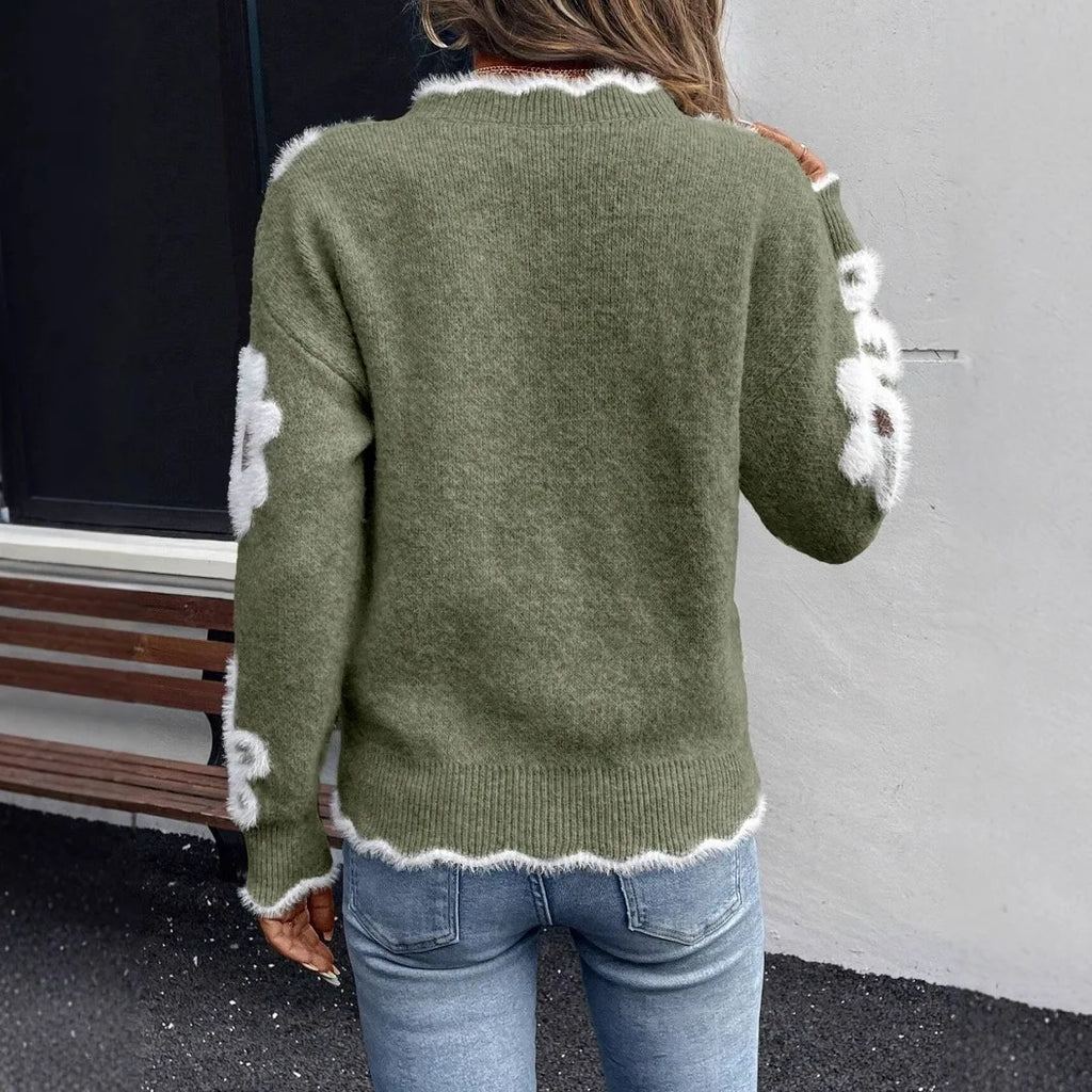 Women's V-Neck Jumper with Floral Intarsia Design