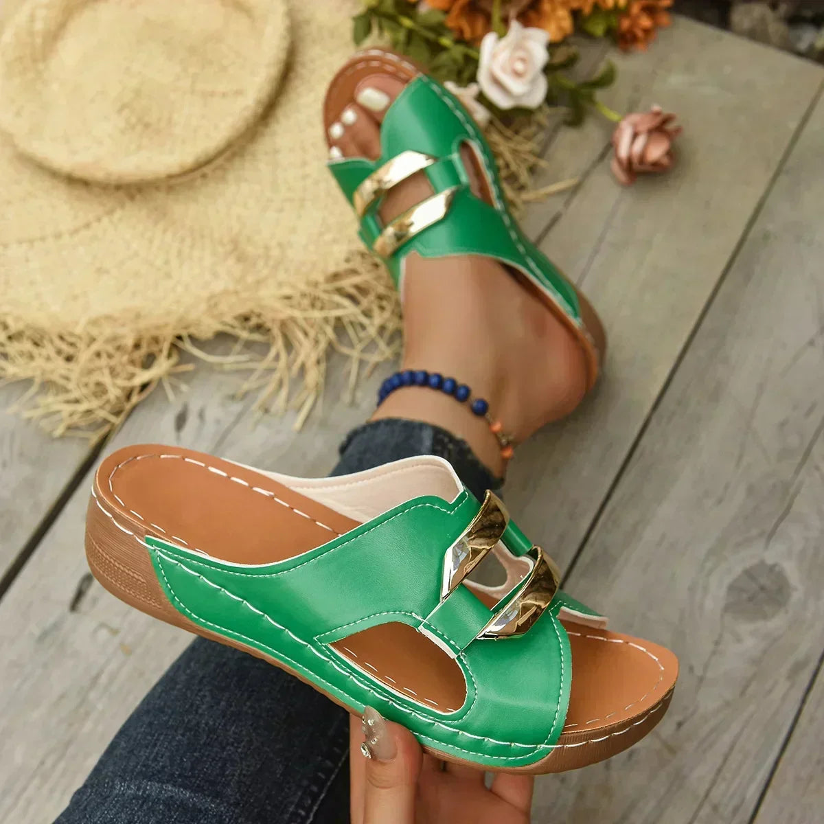 Orthopaedic Wedge Slide Sandals with Gold-Tone Buckle - Green