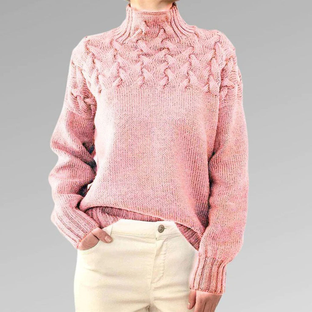 Women's Cable Knit High Neck Jumper with Textured Yoke