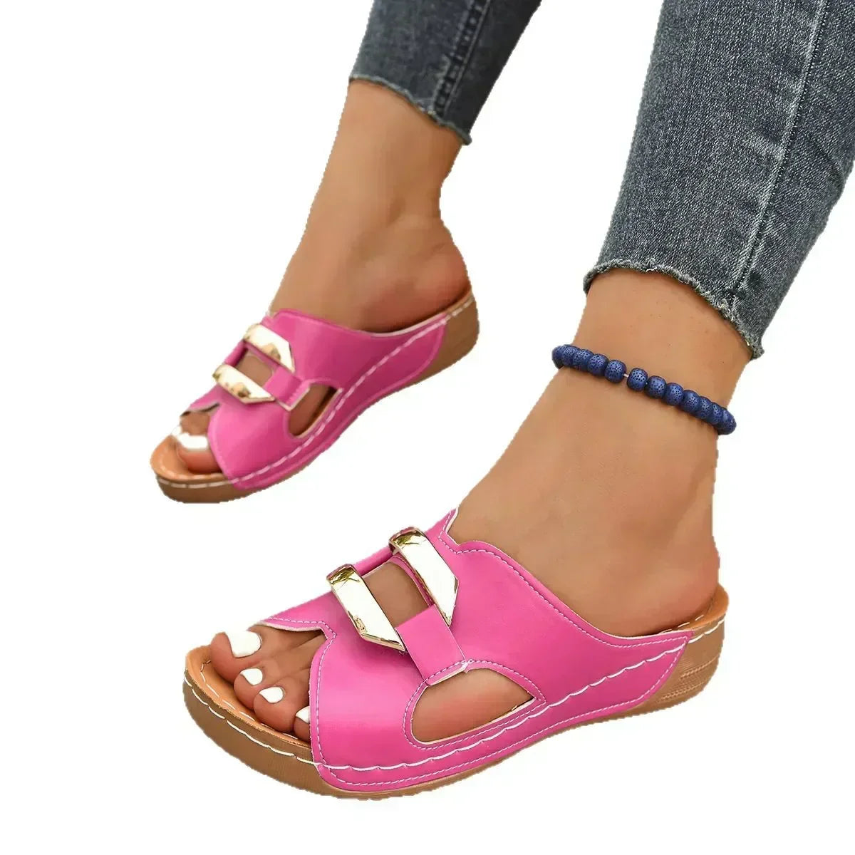 Orthopaedic Wedge Slide Sandals with Gold-Tone Buckle - Fuchsia