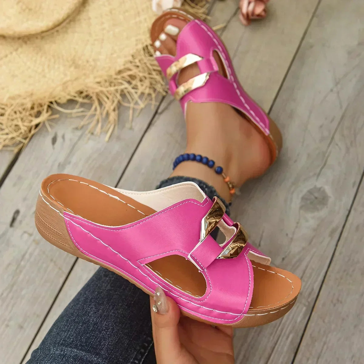Orthopaedic Wedge Slide Sandals with Gold-Tone Buckle - Fuchsia