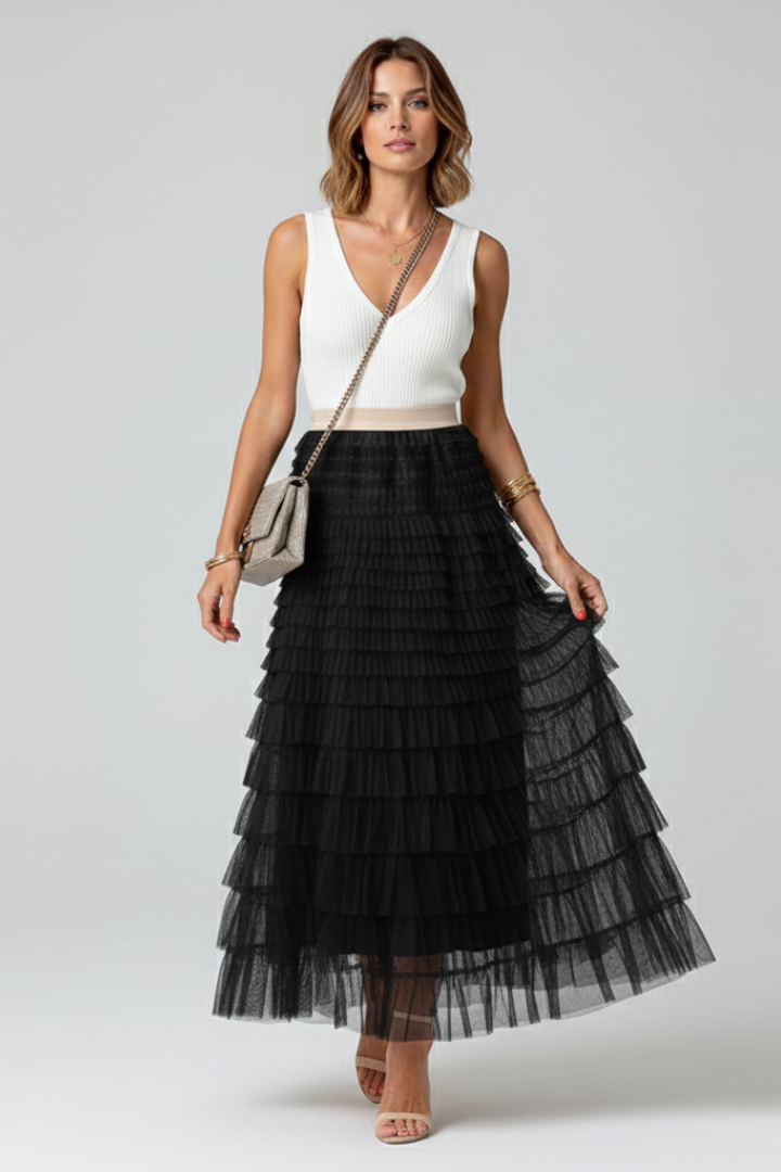 Lily | Women’s Layered Tulle Midi Skirt with Elastic Waist Image