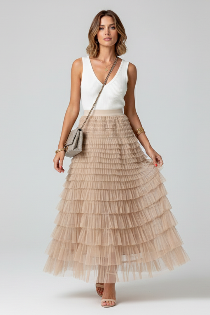 Lily | Women’s Layered Tulle Midi Skirt with Elastic Waist Image