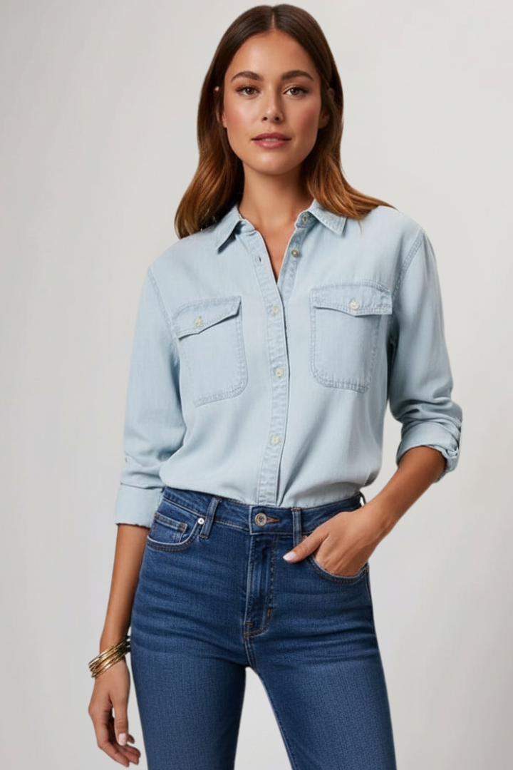 Peyton | Women’s Classic Button-Front Denim Shirt with Long Sleeves Image