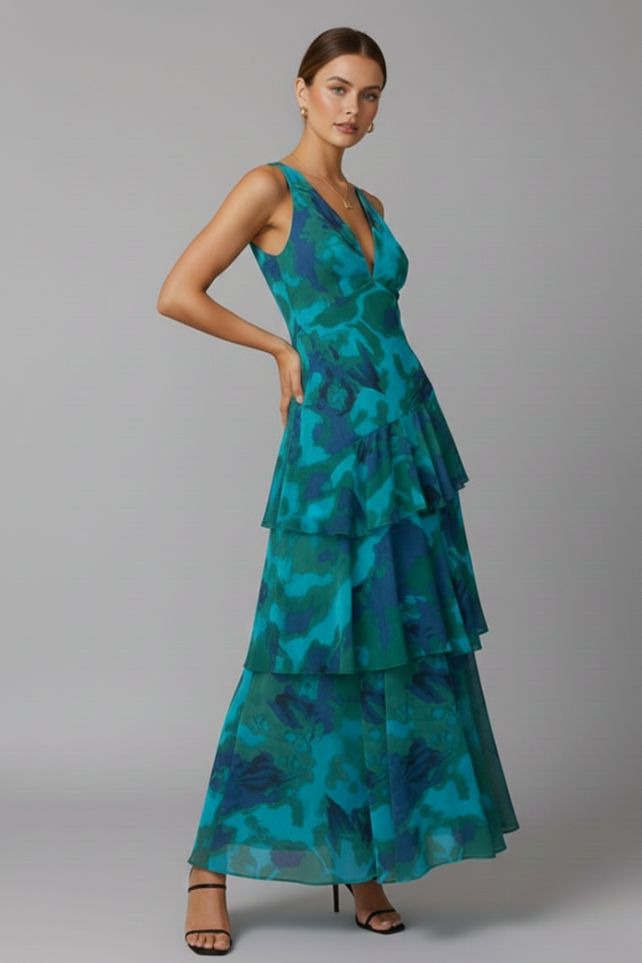 Gabriella | Women’s V-Neck Tiered Skirt Maxi Dress Image