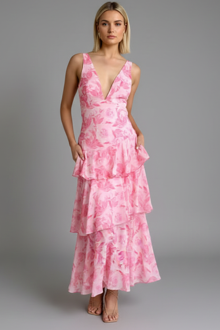 Gabriella | Women’s V-Neck Tiered Skirt Maxi Dress Image