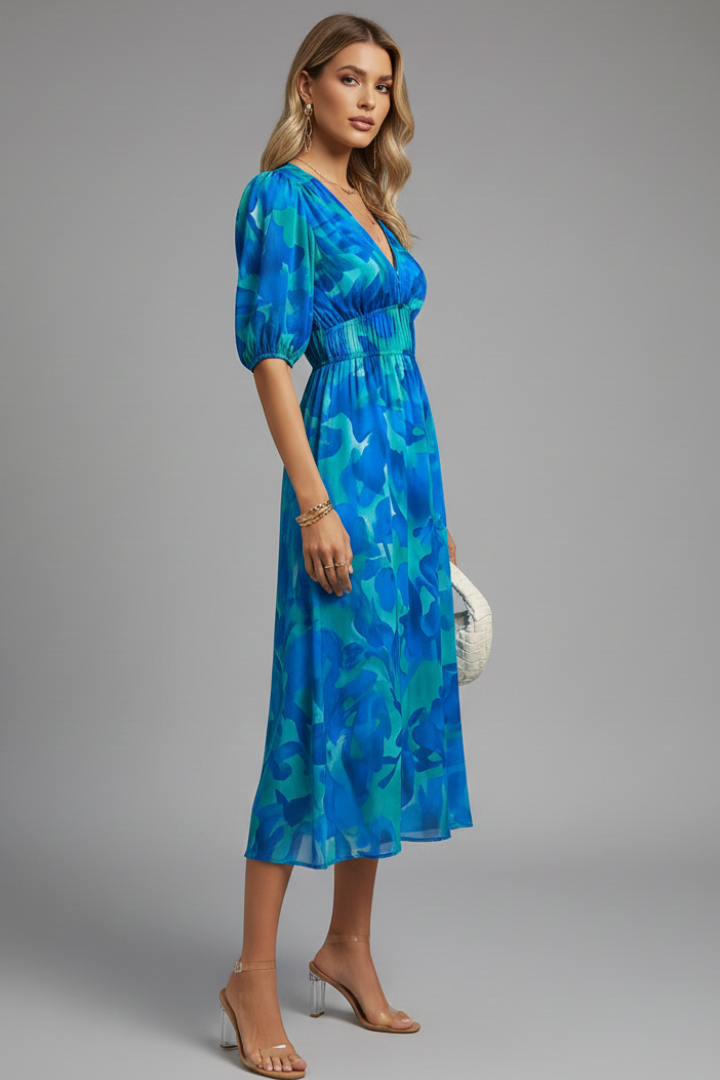 Bianca | Women’s Floral Puff Sleeve V-Neck Midi Dress Image
