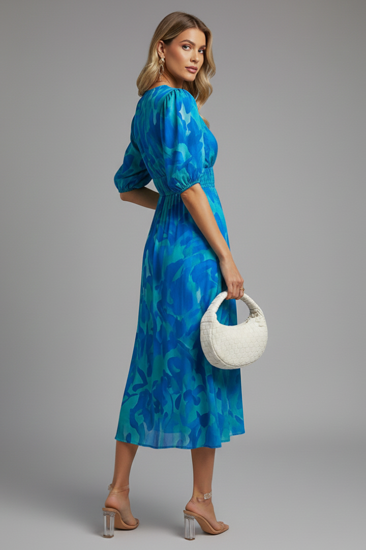 Bianca | Women’s Floral Puff Sleeve V-Neck Midi Dress Image