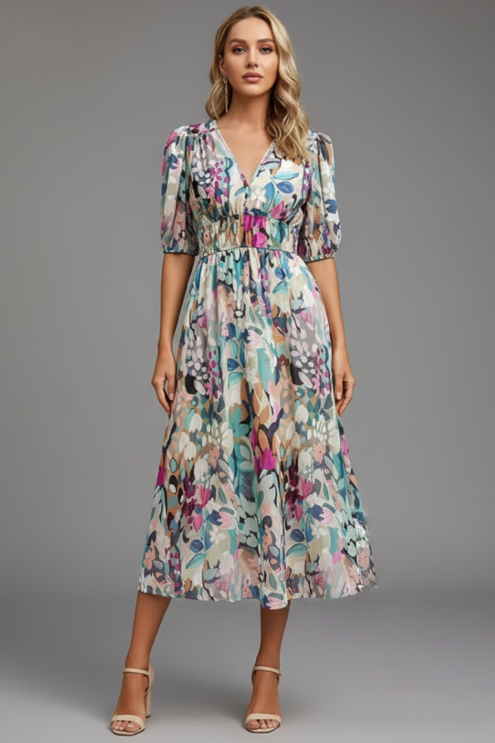 Bianca | Women’s Floral Puff Sleeve V-Neck Midi Dress Image